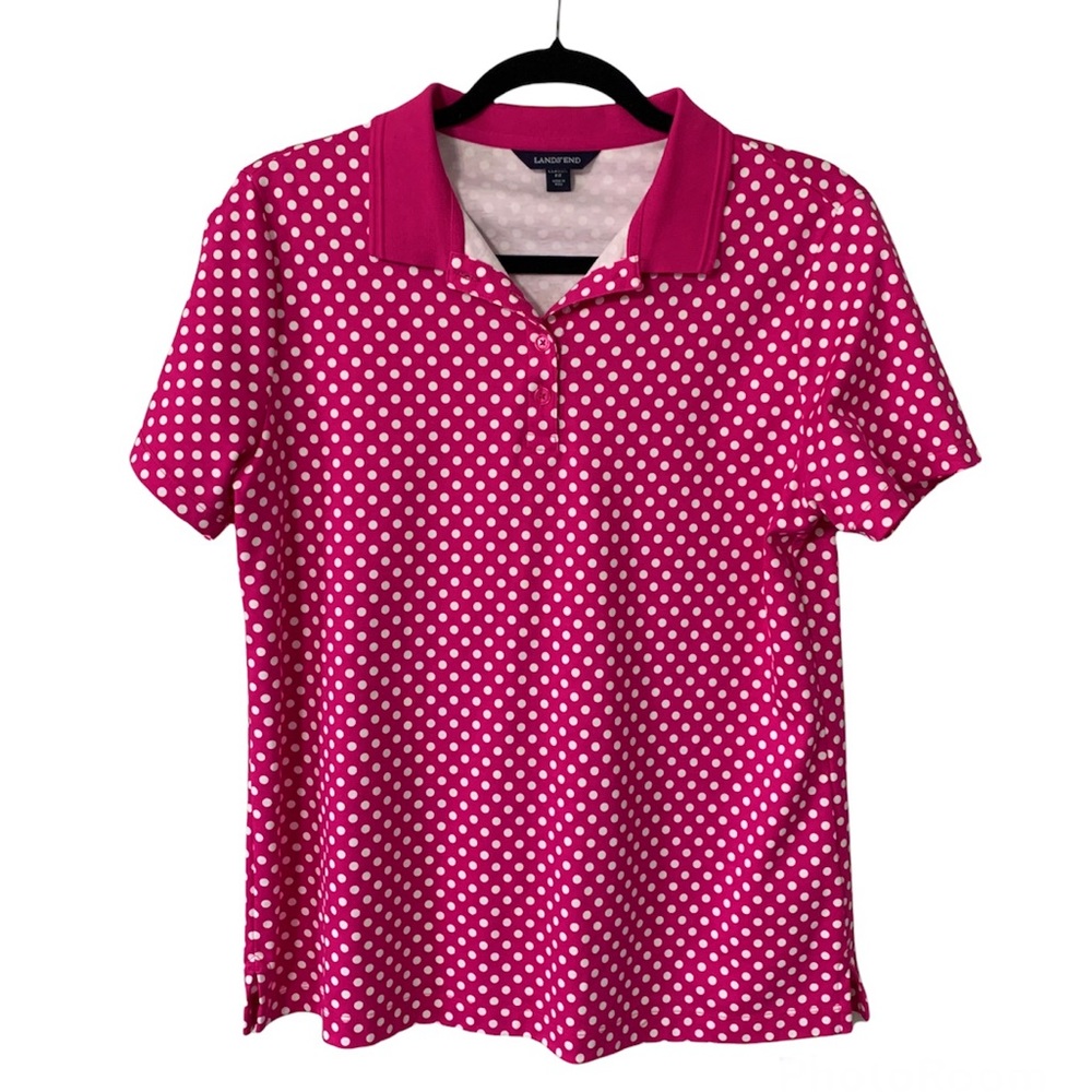 Lands End 100% Cotton Polka Dot Polo Shirt Size M Pink + White